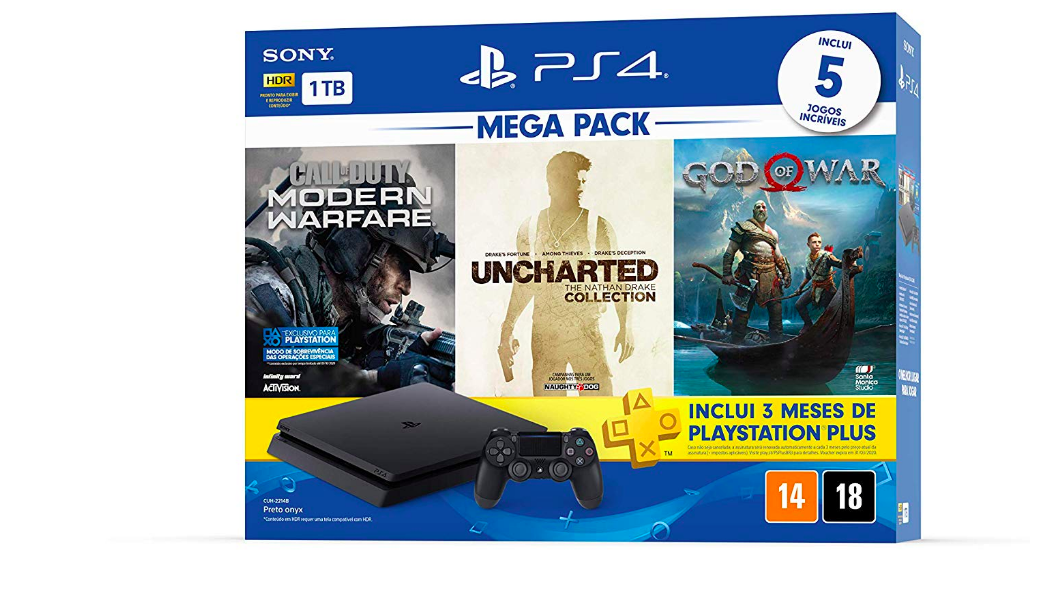 Console PlayStation 4 1TB Bundle Hits 7 - Call of Duty: Modern Warfare, Uncharted: The Nathan Drake Collection, God of War - PlayStation 4