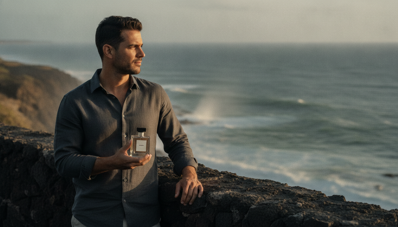 Homem elegante à beira-mar segurando perfume mineral