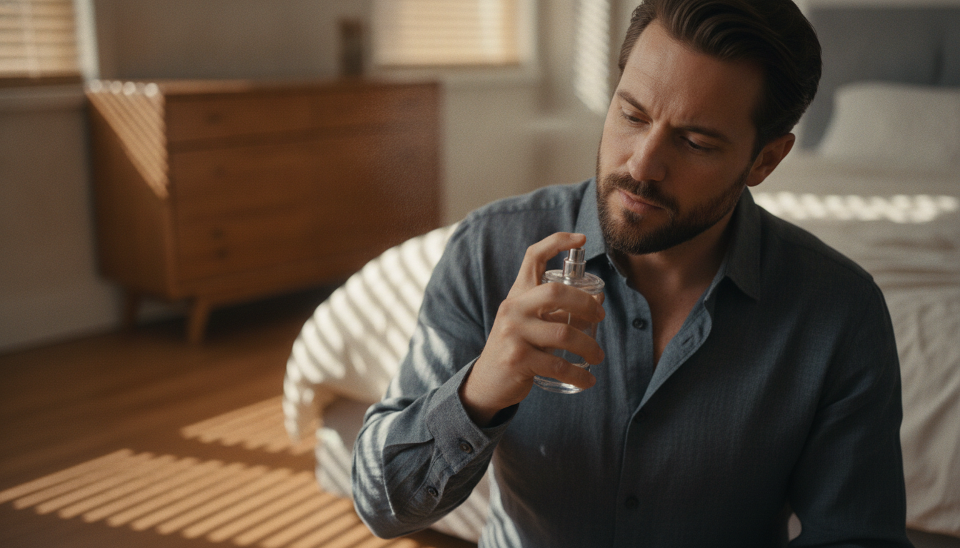 Homem aplicando perfume nos pontos de pulsação do pescoço
